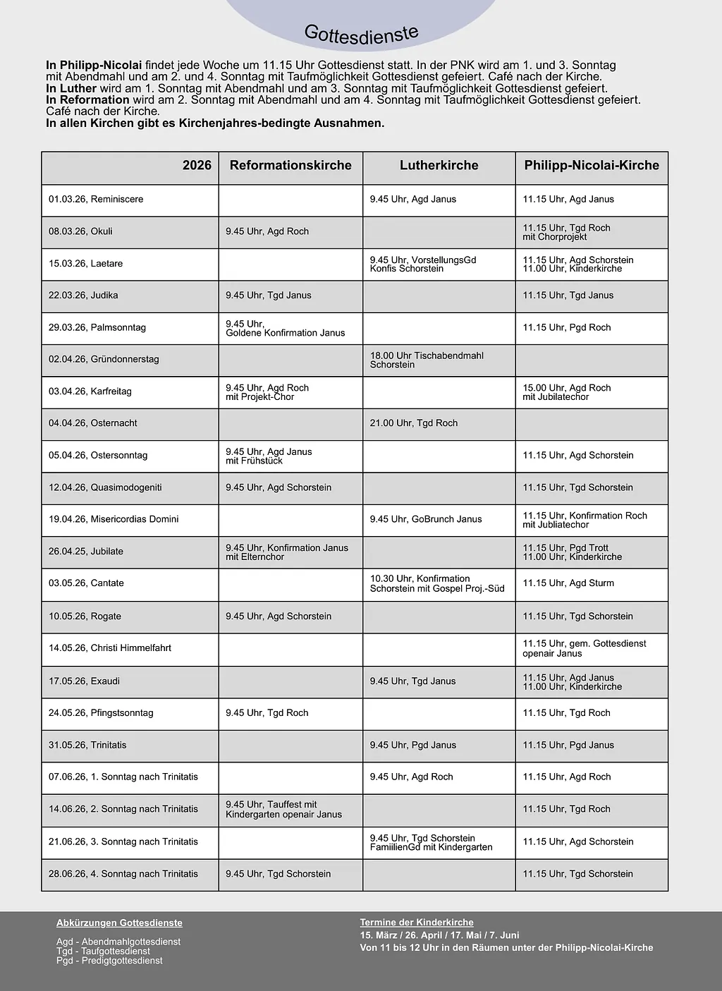 Gottesdienstplan für 2025
