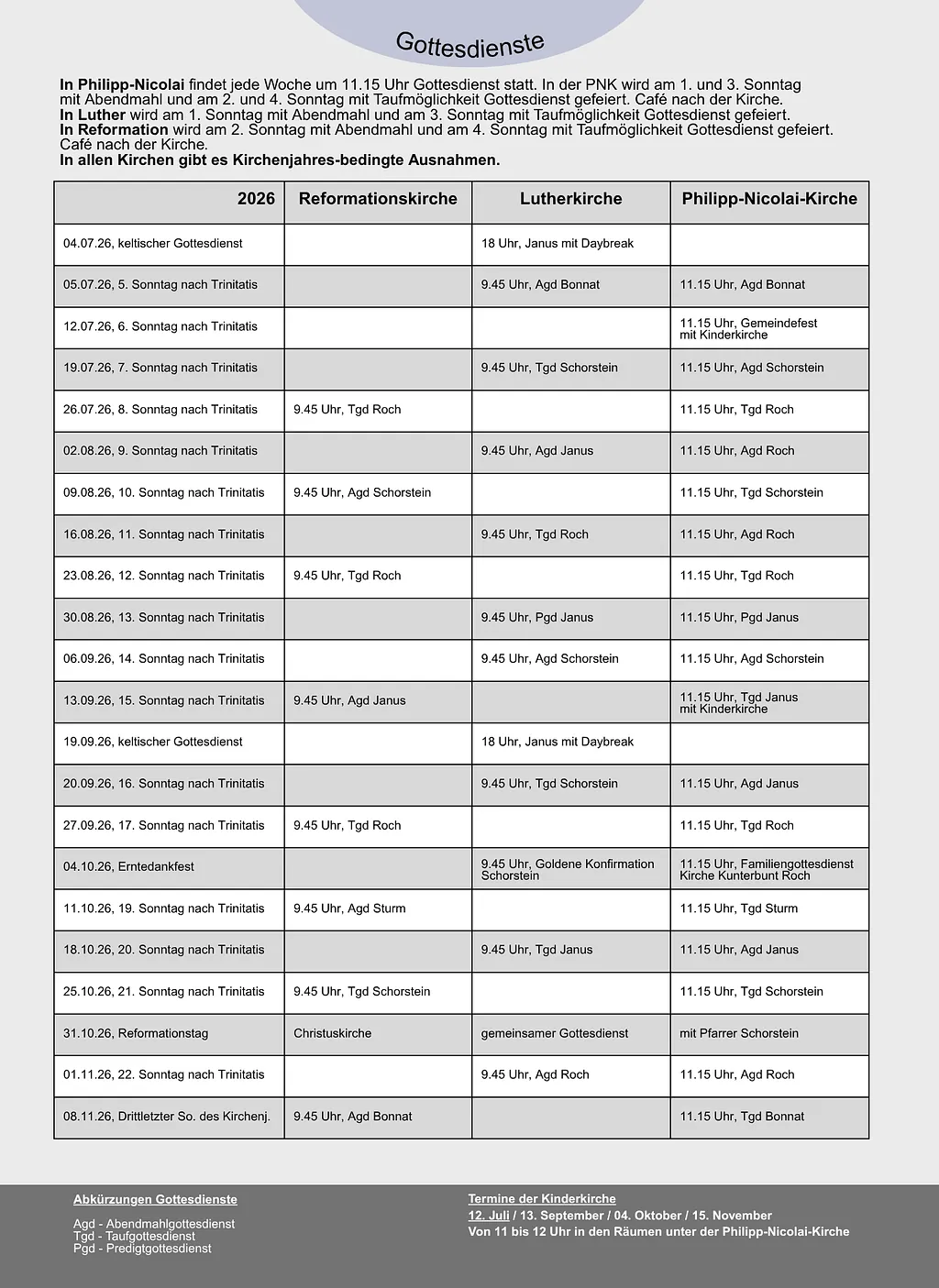 Gottesdienstplan für 2025