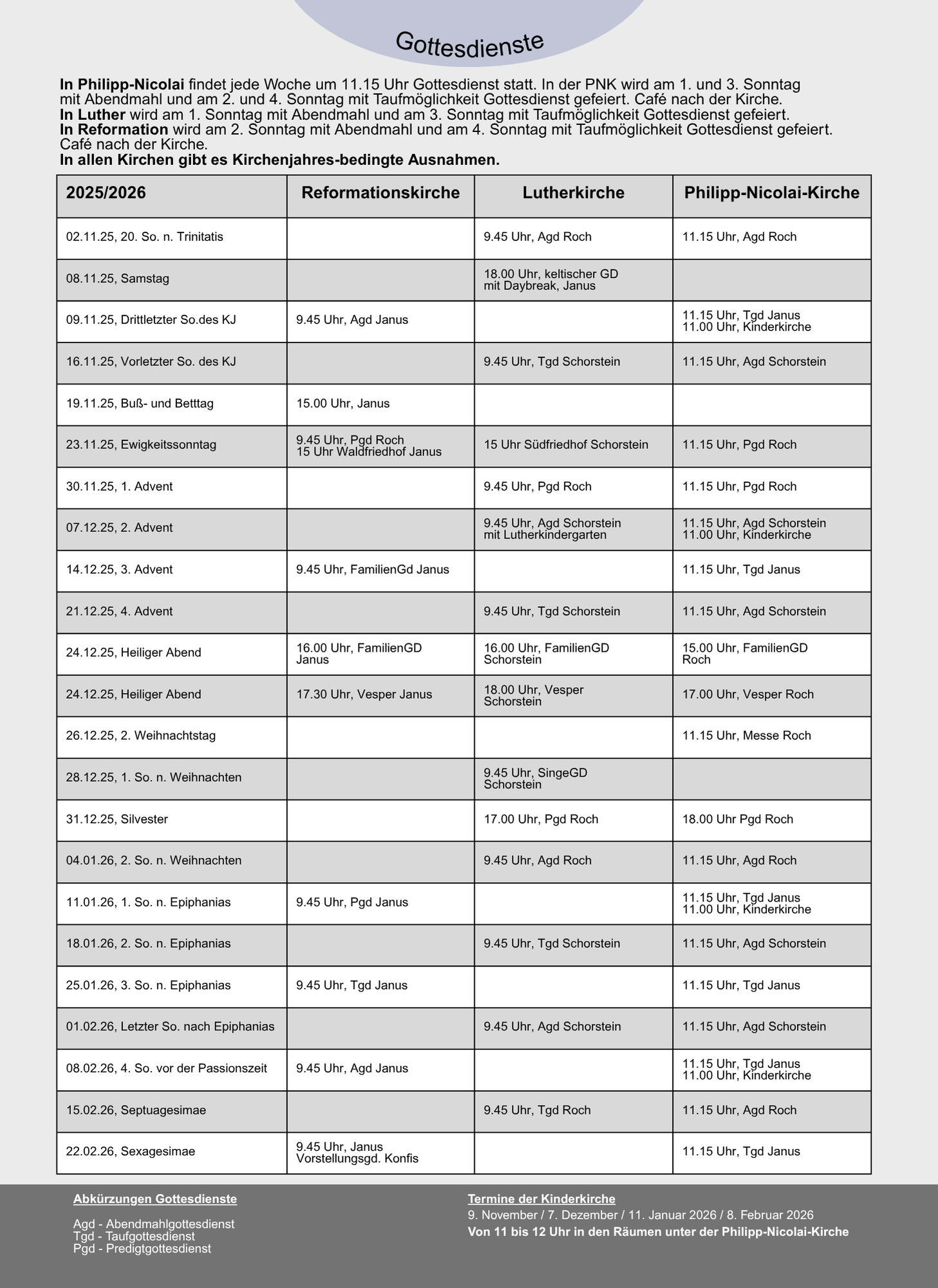 Gottesdienstplan für 2025