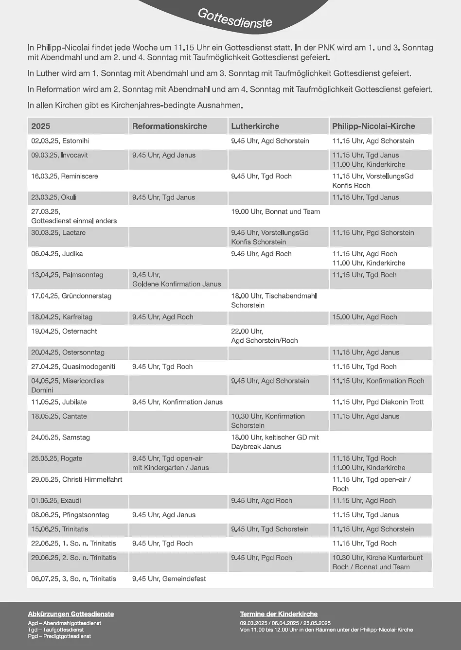 Gottesdienstplan für 2025