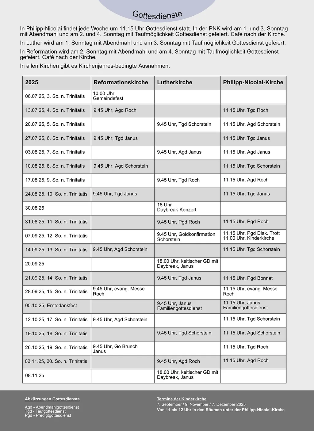 Gottesdienstplan für 2025